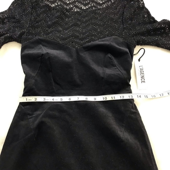 L’AGENCE Chevron Metallic Open Knit Yoke Velvet Pencil Dress Black Size 6 - Picture 10 of 12